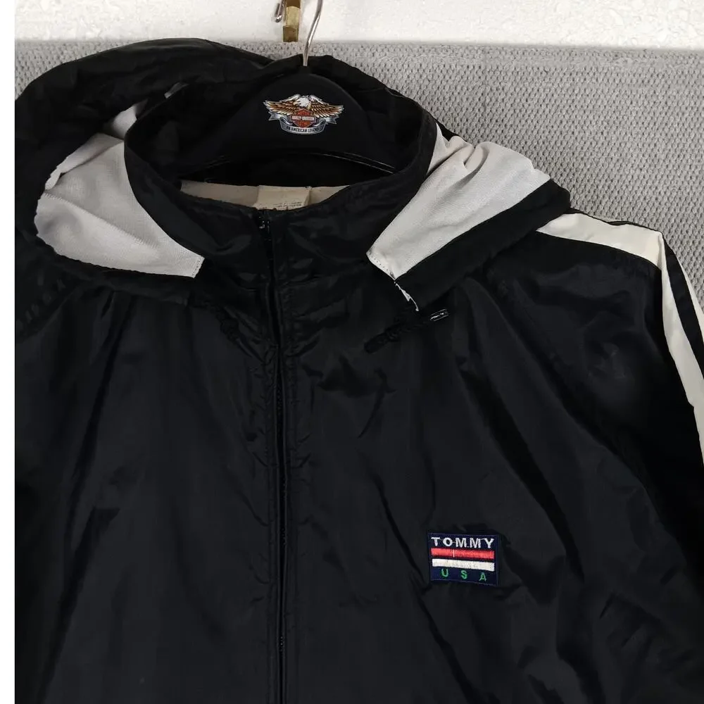 Vintage Tommy Hilfiger Windbreaker Mens XL Black Striped Pro Sport‎ Embroidered